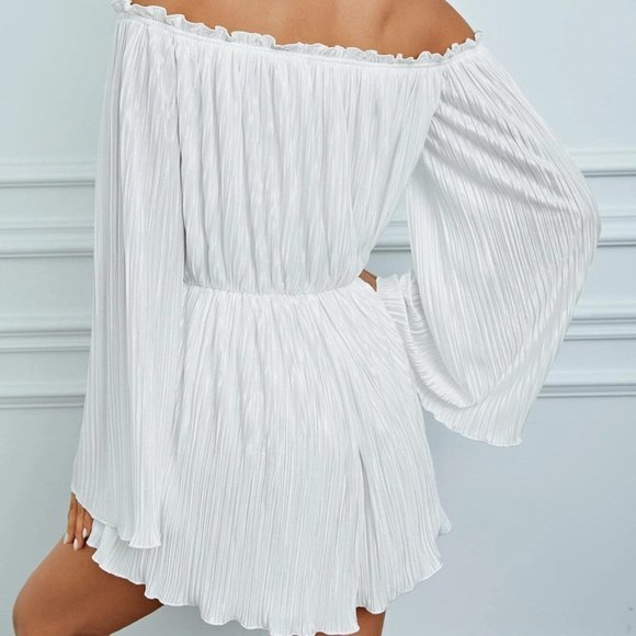 White Shaby Chic Womens Off Shoulder Flounce Sleeve Plisse Romper - Picture 2 of 5